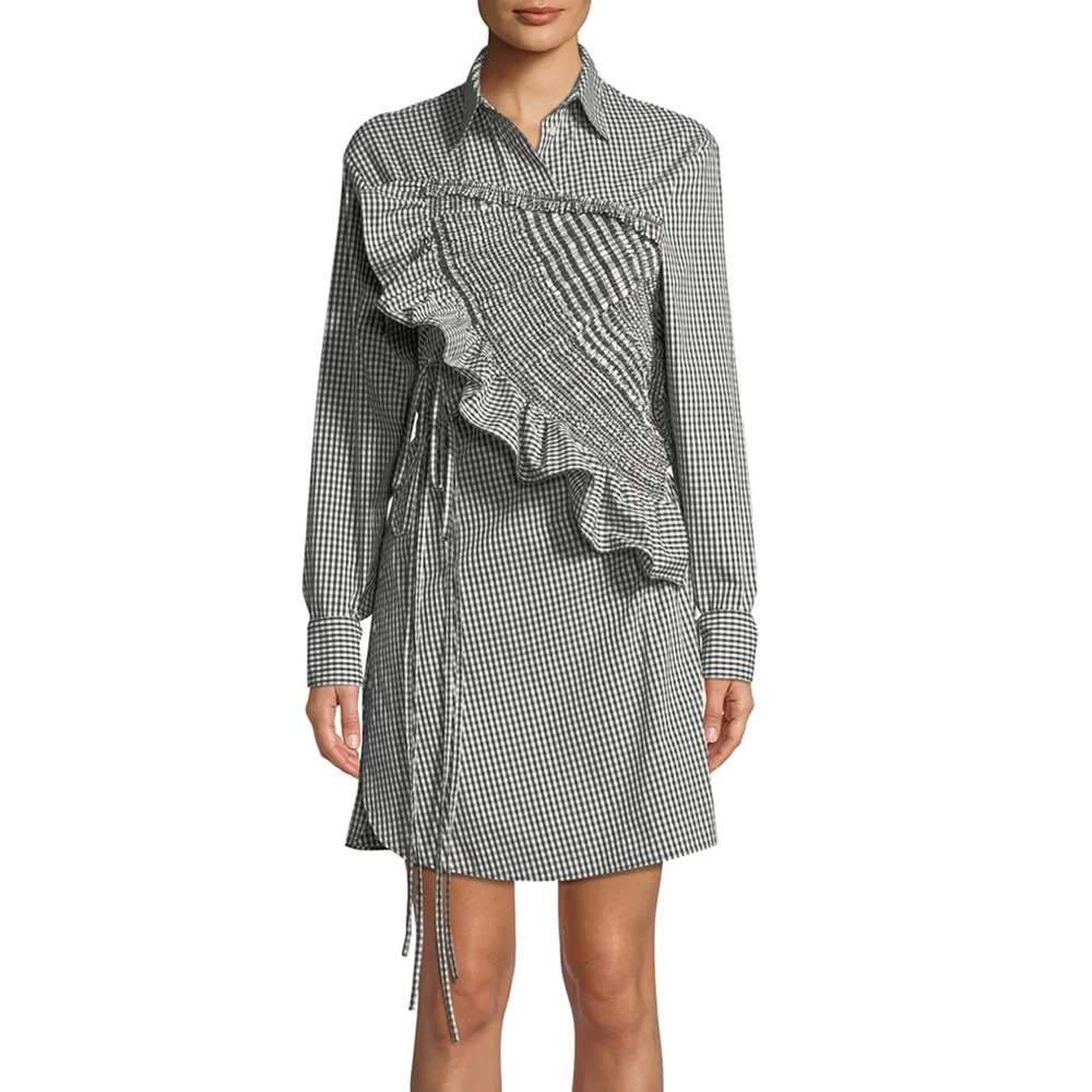 3.1 Phillip Lim Gingham Ruffle Shirt Dress Womens 4 Black White Cotton Blend